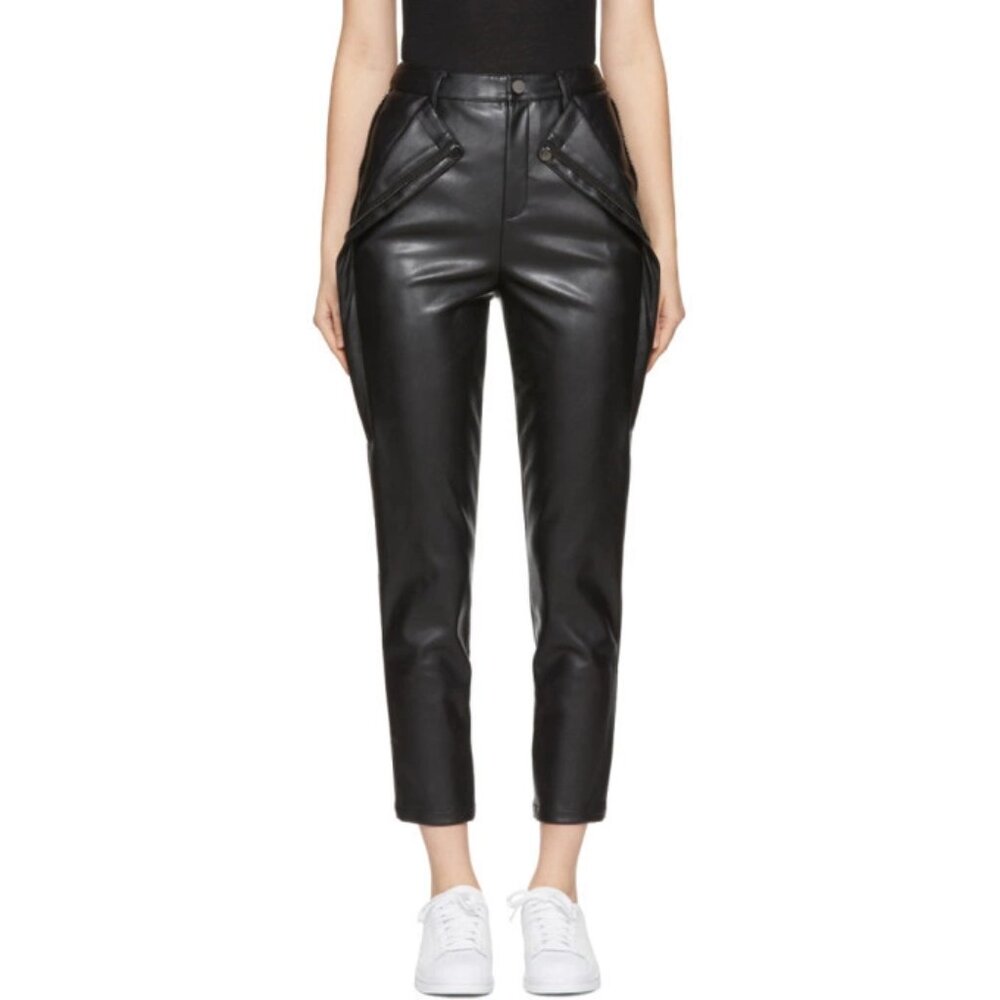 Opening Ceremony Black Faux Leather Snap Zip Trousers Pearl Flap Pockets